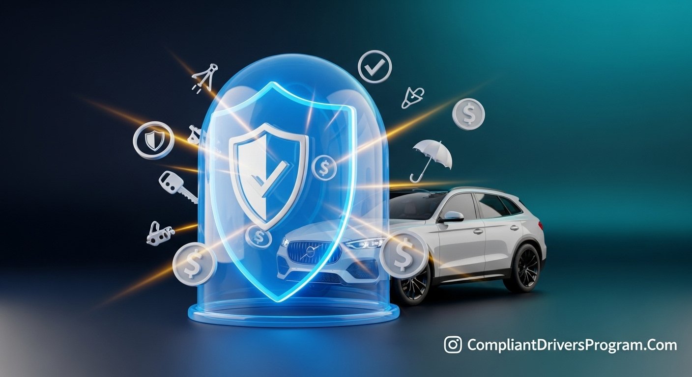 Full coverage car insurance protecting a silver SUV with shield dome and insurance icons showing comprehensive protection