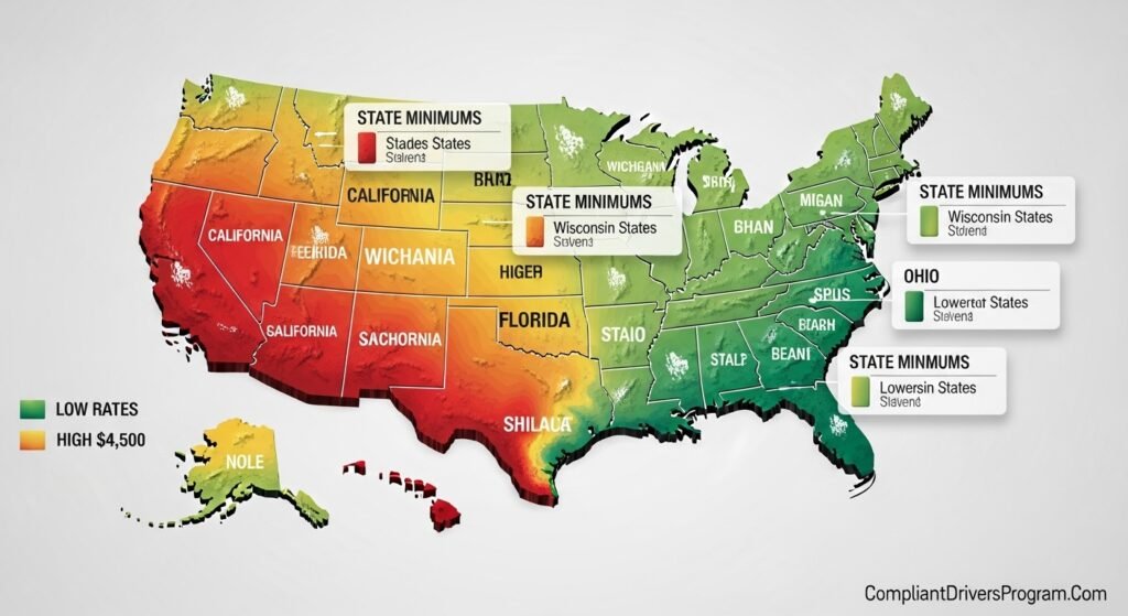 USA map showing full coverage car insurance rate variations by state with color coded heat map 2026