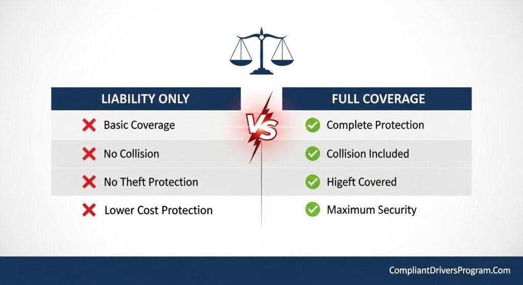 Comparison chart showing liability only versus full coverage car insurance features with checkmarks and X marks