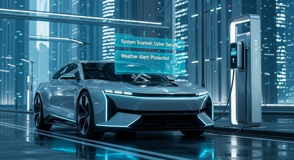 Electric vehicle with cyber security and weather tracking features for 2026 insurance trends.