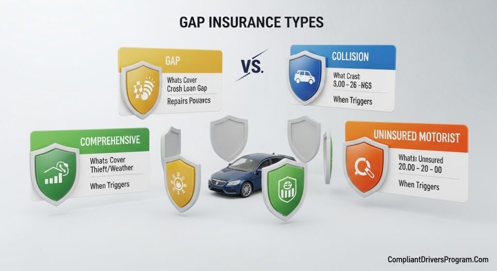 Gap insurance compared to collision comprehensive uninsured motorist coverage differences explained