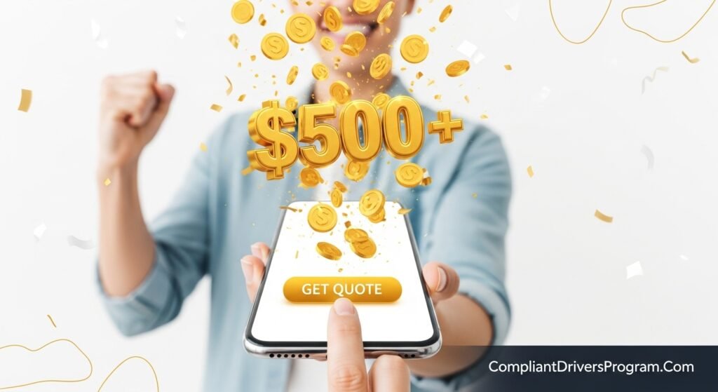 Person clicking get quote button on phone with savings money bursting out showing car insurance comparison savings