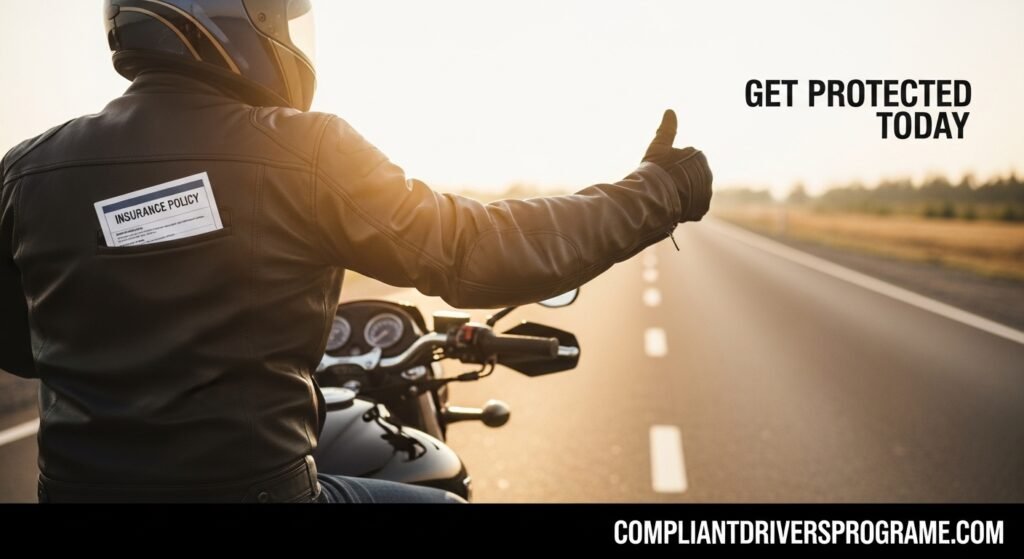 Confident motorcycle rider with insurance ready to ride protected on open road - Get insured today