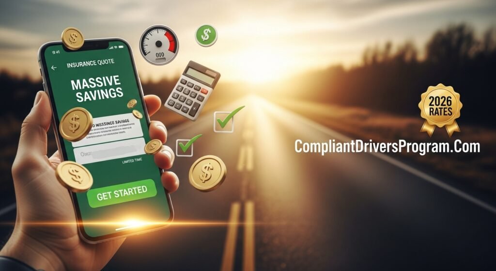 Call to action image showing smartphone with insurance savings calculator encouraging readers to get low mileage discount