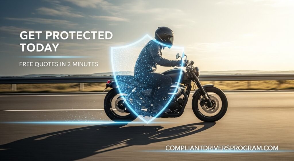 Rider on motorcycle with insurance protection shield overlay