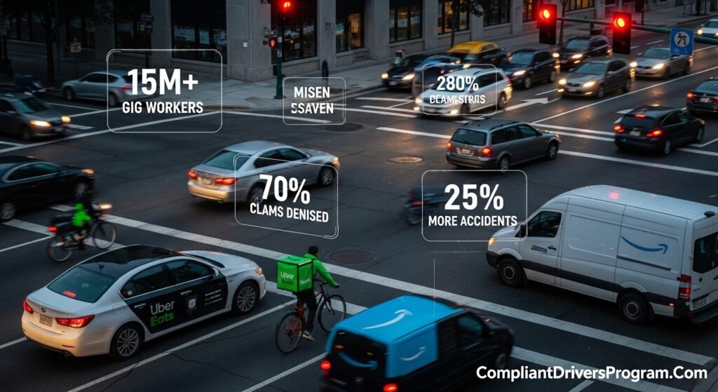 Busy urban intersection at dusk with multiple delivery drivers and floating statistics about gig economy insurance risks in 2026