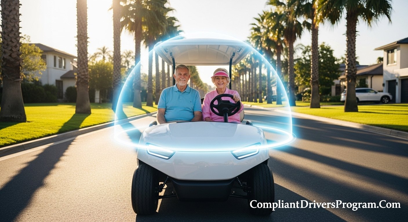 White golf cart with insurance protection shield driving in sunny Florida neighborhood - CompliantDriversProgram.Com