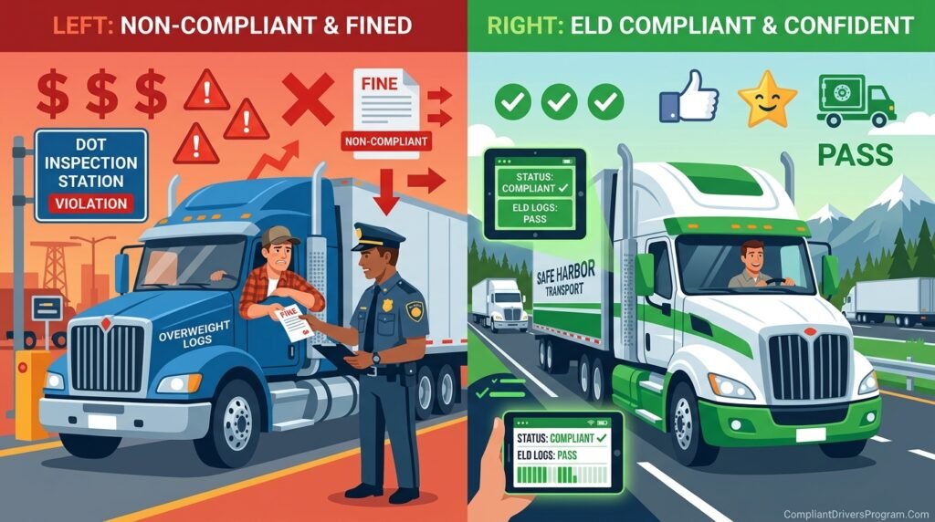 Illustration comparing truck driver receiving violation fine versus compliant driver passing inspection