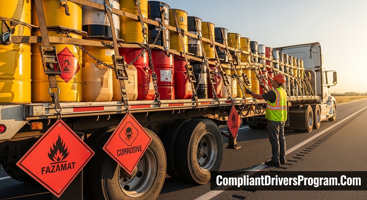 Professional truck driver inspecting hazmat cargo securement on a flatbed trailer with placards and secured drums at sunset
