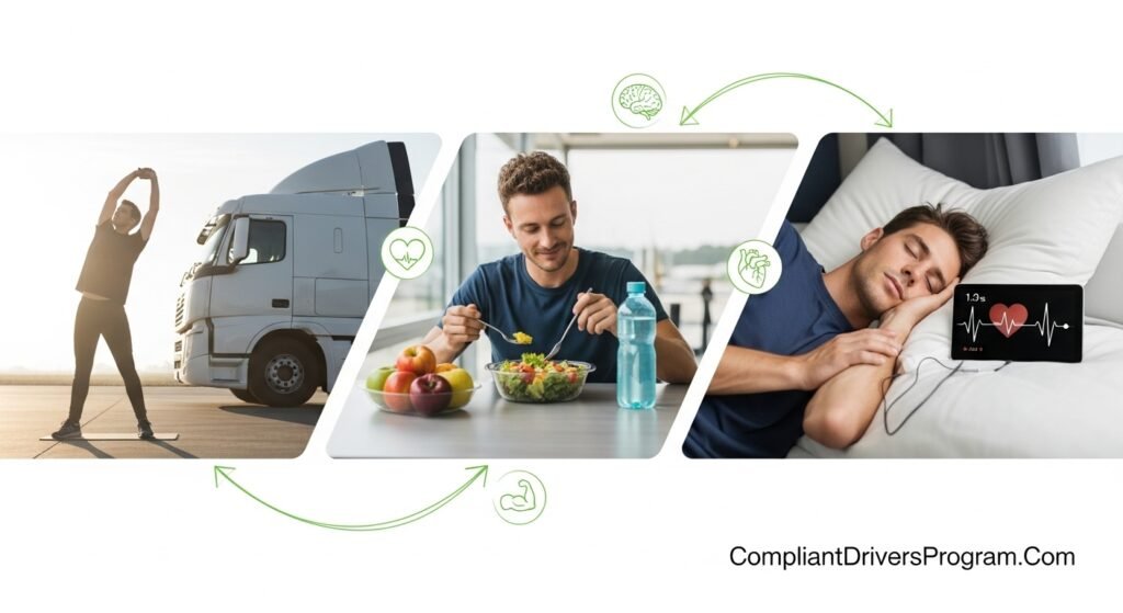 Truck driver practicing healthy habits including stretching eating well and sleeping during HOS breaks