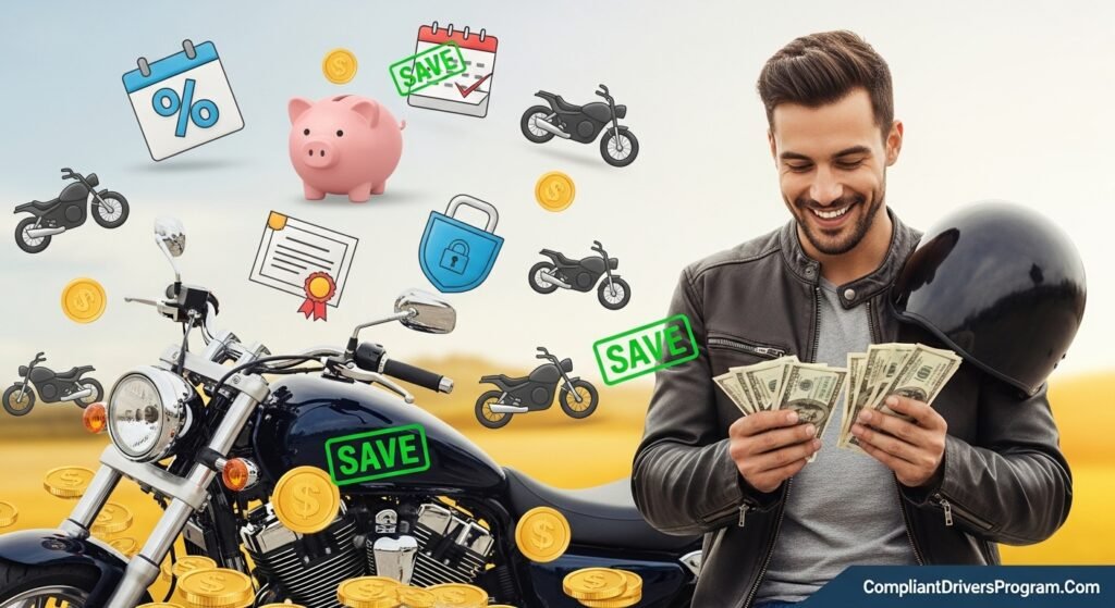 Motorcycle rider celebrating savings with money and discount icons floating around