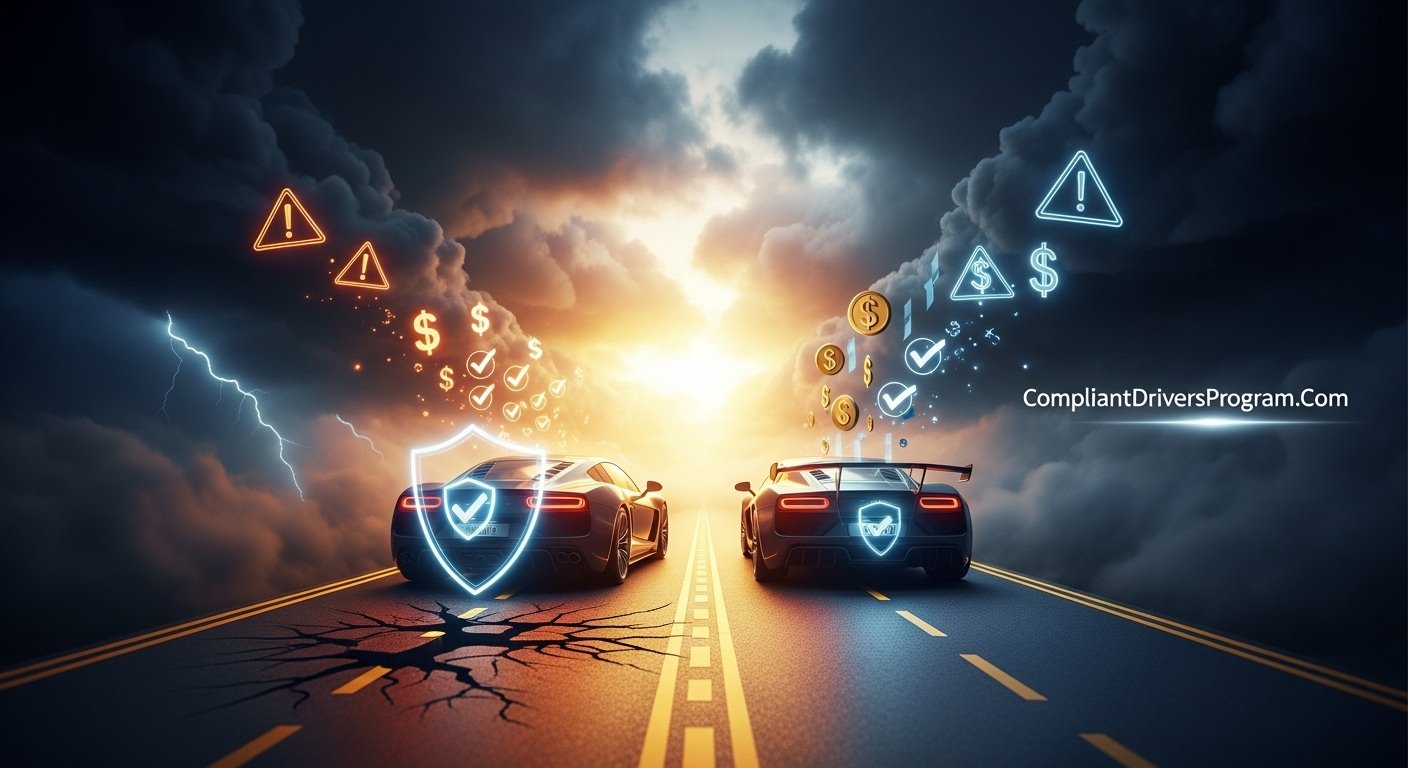 High risk auto insurance concept showing car with protective shield emerging from storm into sunlight representing hope for high risk drivers