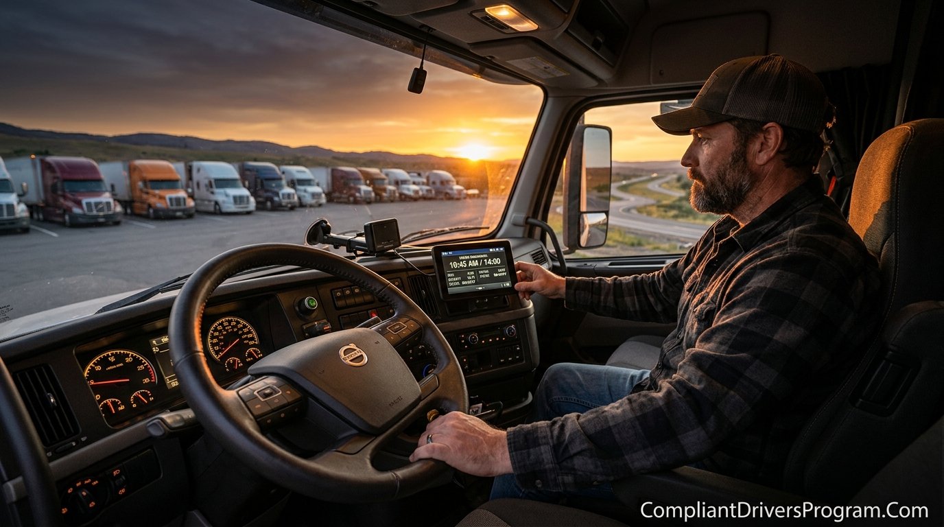 Professional truck driver checking ELD device showing hours of service remaining in modern semi-truck cab at sunset