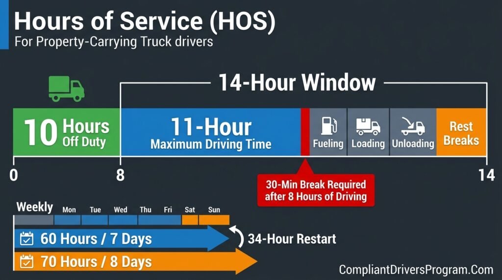 HOS rules timeline infographic showing 11-hour driving limit, 14-hour window, 30-minute break requirement, and 34-hour restart for truck drivers