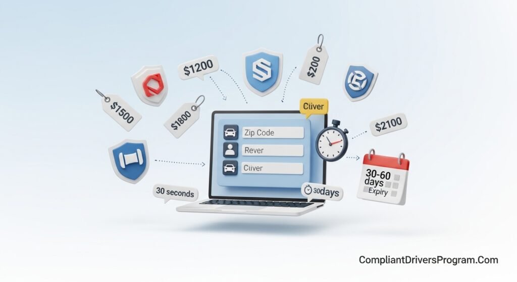 Isometric illustration explaining how car insurance quotes work showing laptop with form, multiple insurer price tags, 30-second timer, and quote expiry calendar