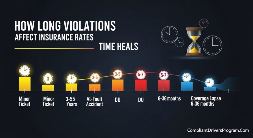 Timeline showing duration of insurance rate impacts from 3 years for tickets to 7 years for DUI violations
