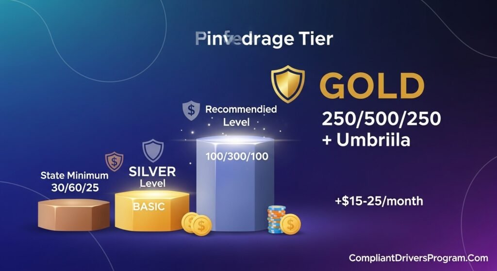 Three tier comparison showing minimum recommended and premium liability insurance coverage levels with 100/300/100 highlighted as expert recommendation for 2026