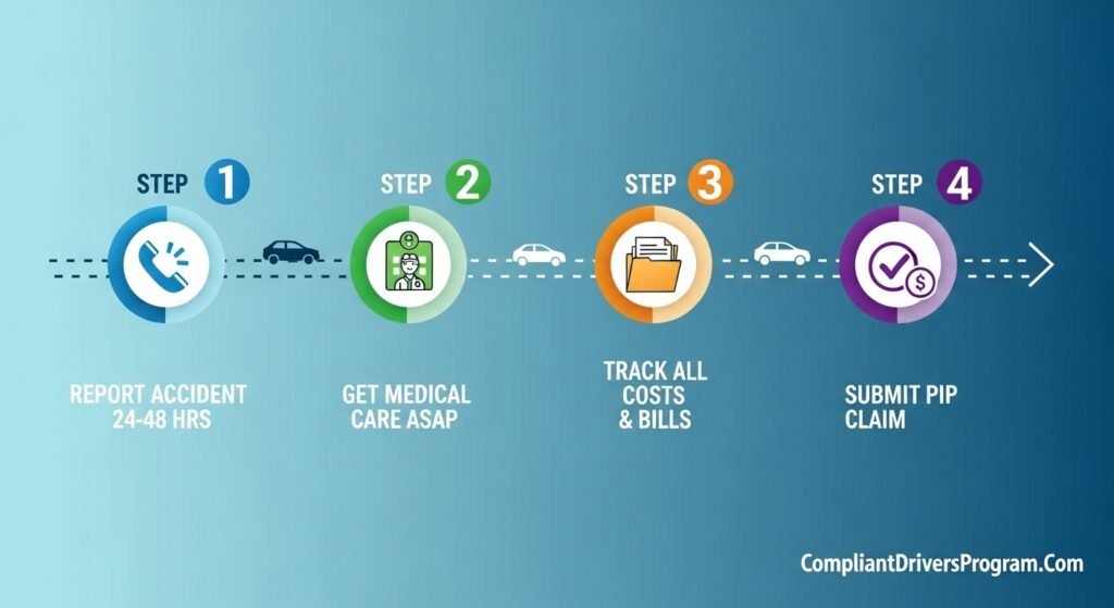 PIP insurance claim process four steps report accident get medical care track costs submit claim