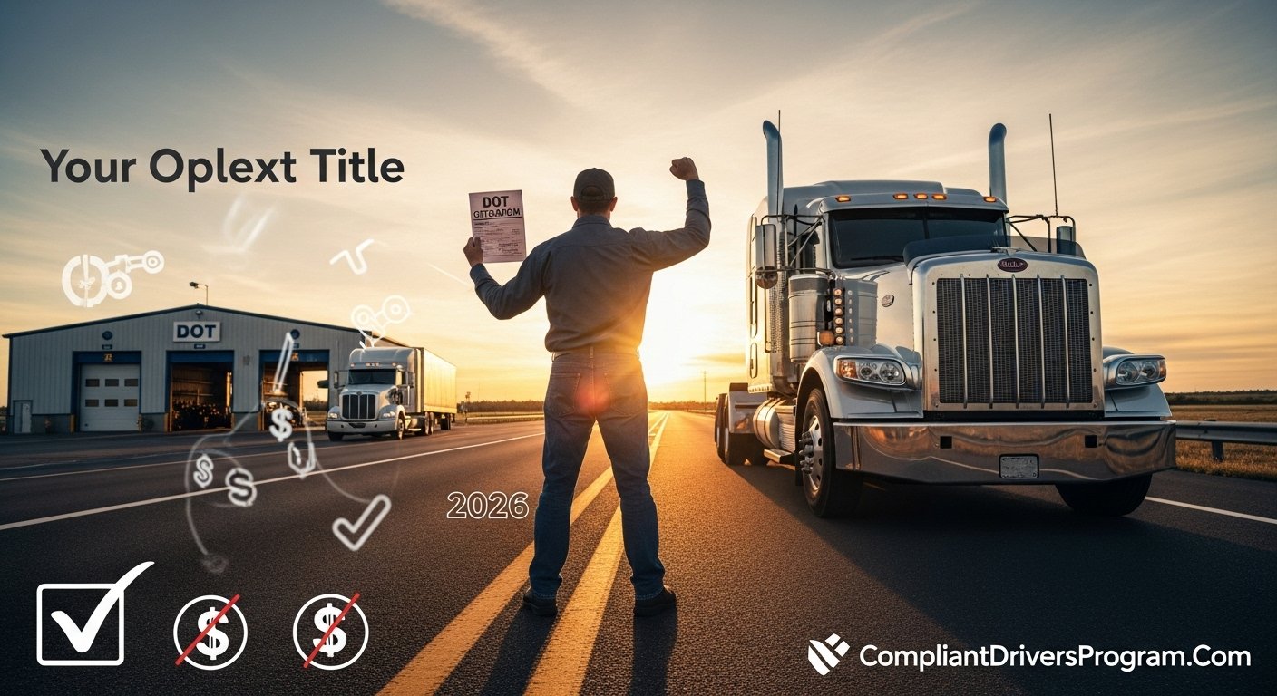 Confident truck driver holding DOT citation with victory pose next to semi-truck at sunset representing successful DOT fine appeal process