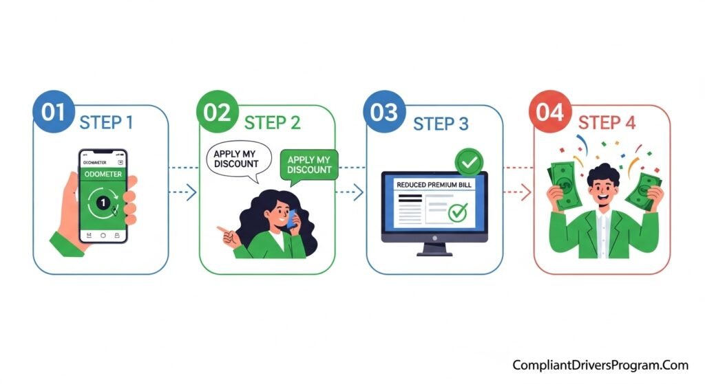 Step by step visual guide showing how to apply for and get low mileage discount on car insurance