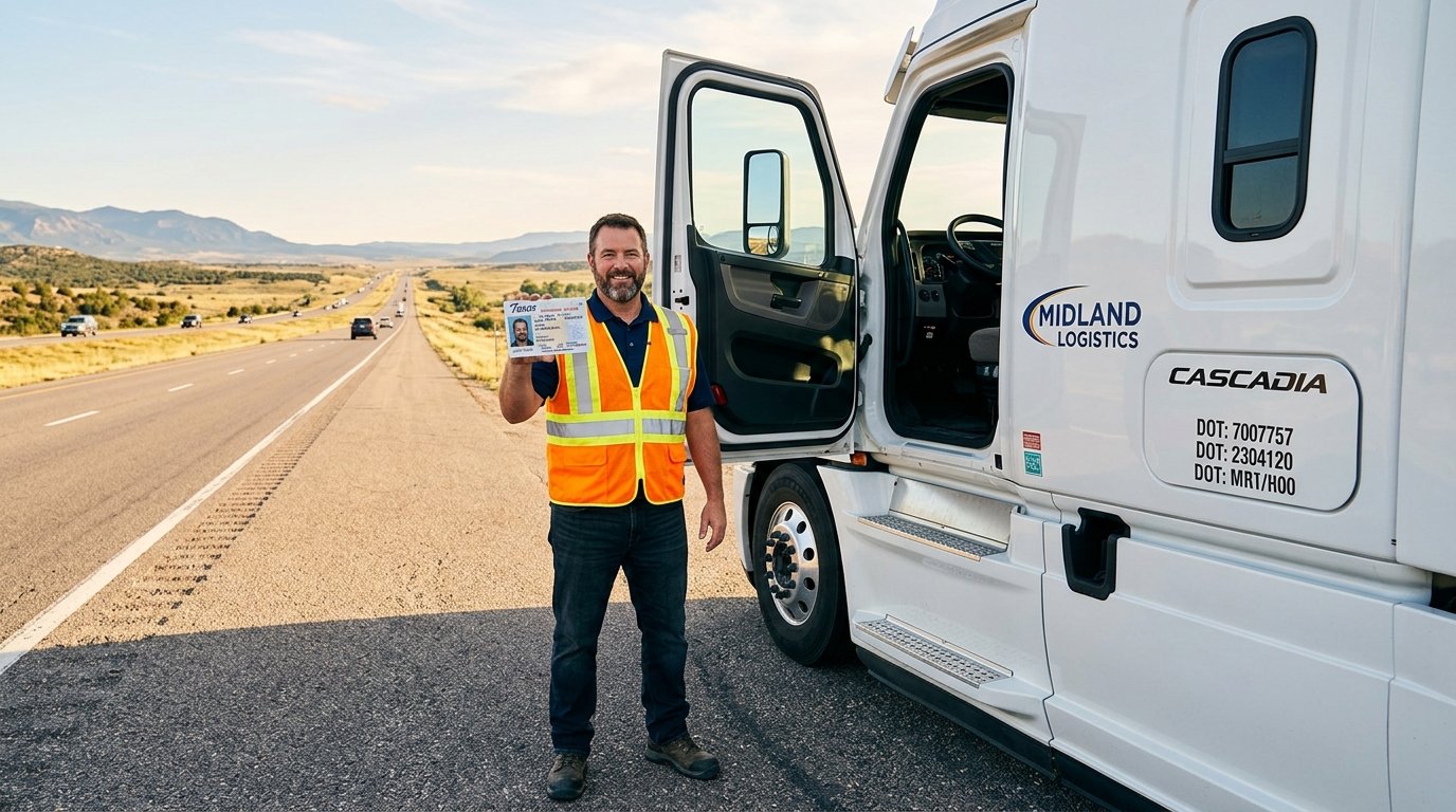 Truck driver holding a CDL license card standing next to a semi truck on an American highway