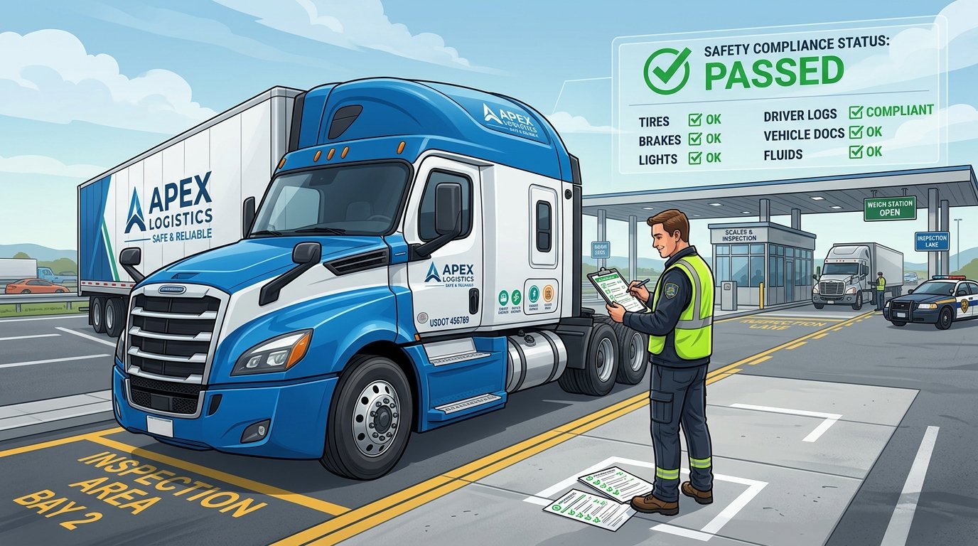Commercial truck driver reviewing DOT inspection documents to improve DOT safety record and CSA scores
