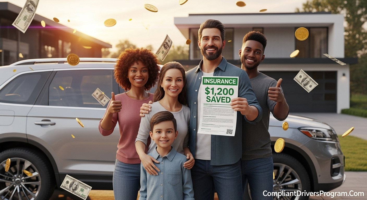 Happy family celebrating car insurance savings of $1,200 standing next to their SUV with money floating around them