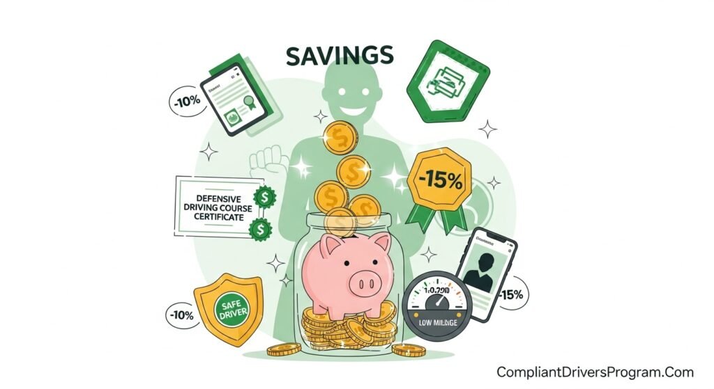 Illustration of money-saving strategies for DUI insurance including discounts for safe driving courses bundling and low mileage