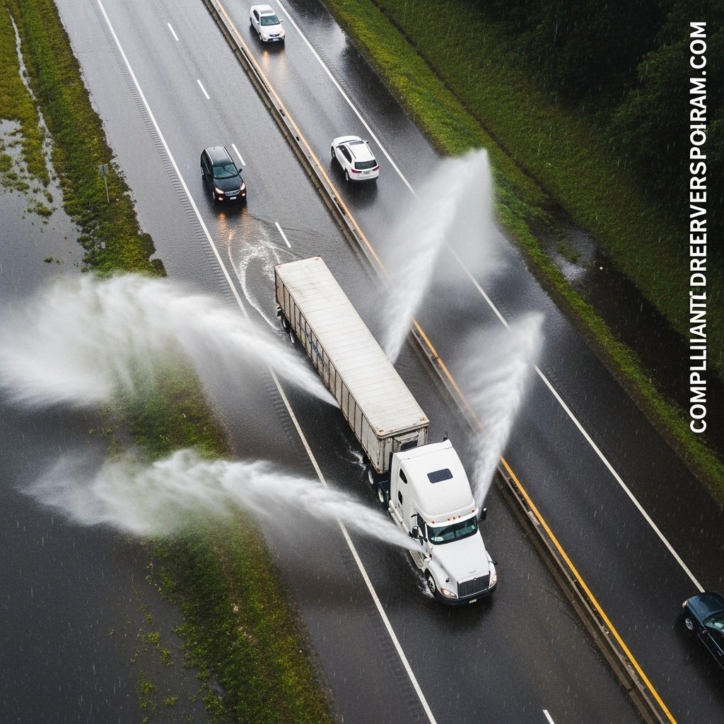 Aerial view of a semi truck hydroplaning on a flooded highway with water spraying from all tires