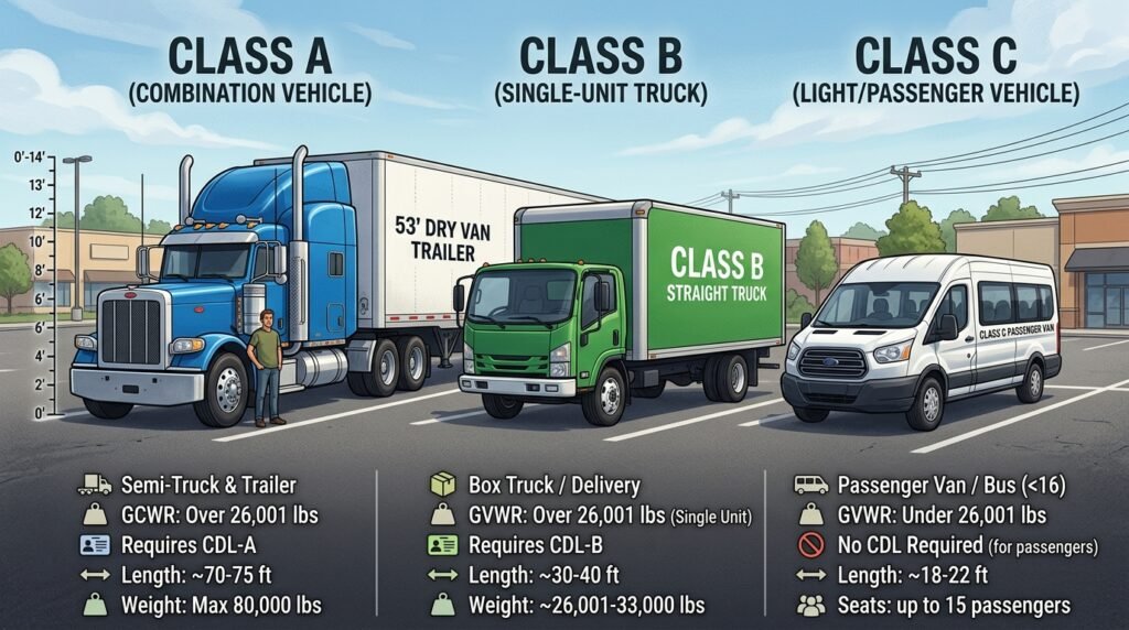 Three types of CDL license vehicles showing Class A semi truck Class B box truck and Class C passenger van