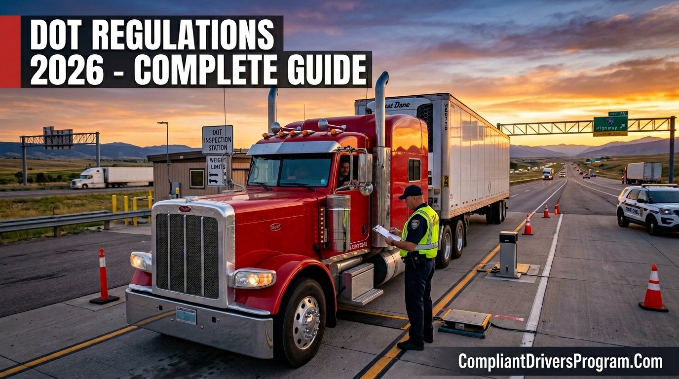 DOT officer inspecting a red semi-truck at an inspection station with DOT Regulations 2026 Complete Guide text overlay