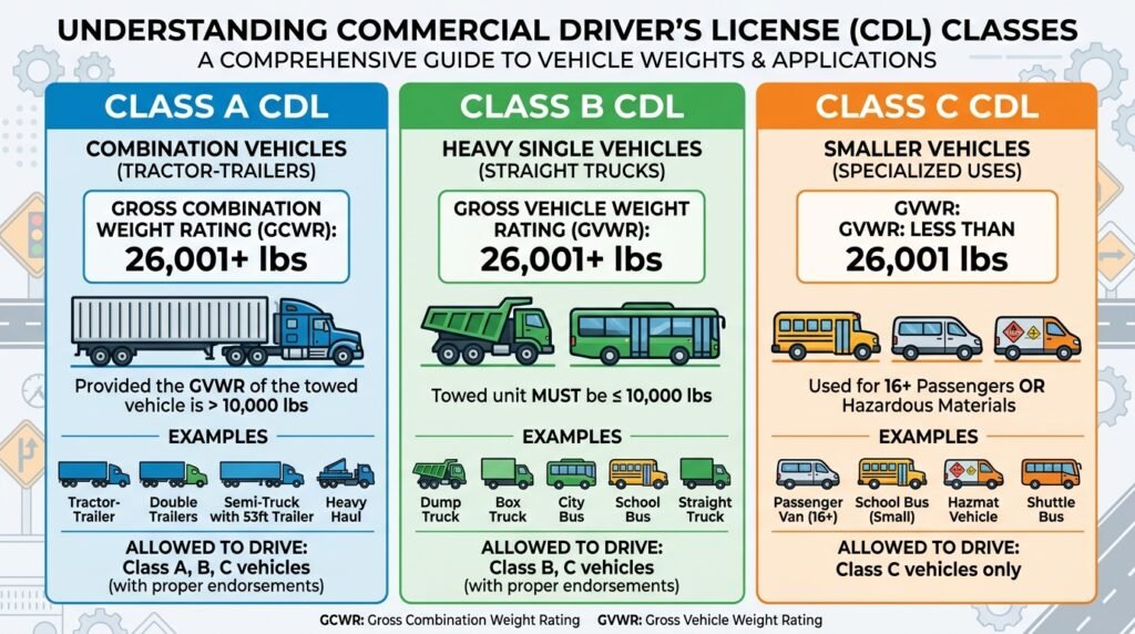 What are the 3 types of CDL license infographic with weight limits and vehicle examples for Class A B and C