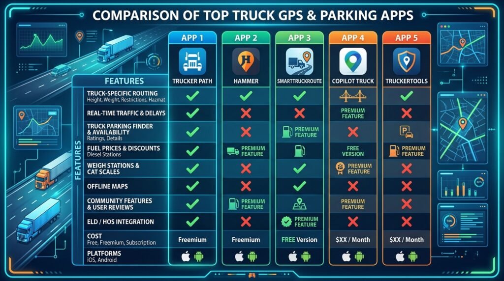 Comparison infographic of best truck GPS app options and truck parking apps for 2026