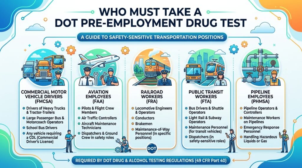 Pre employment drug test CDL requirements showing which DOT-regulated workers must be tested