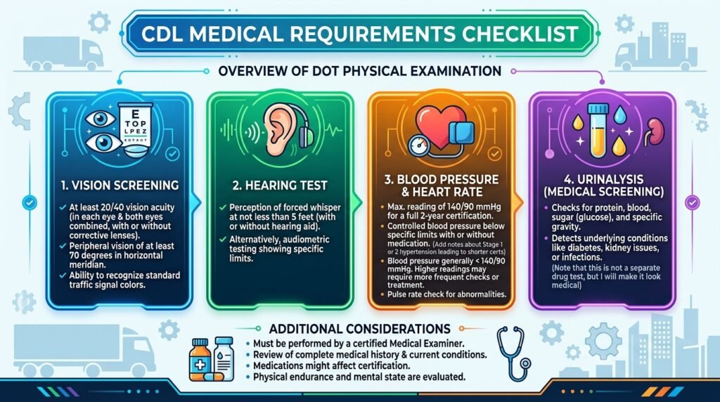CDL medical requirements checklist showing DOT physical exam components including vision test, hearing test, and blood pressure check