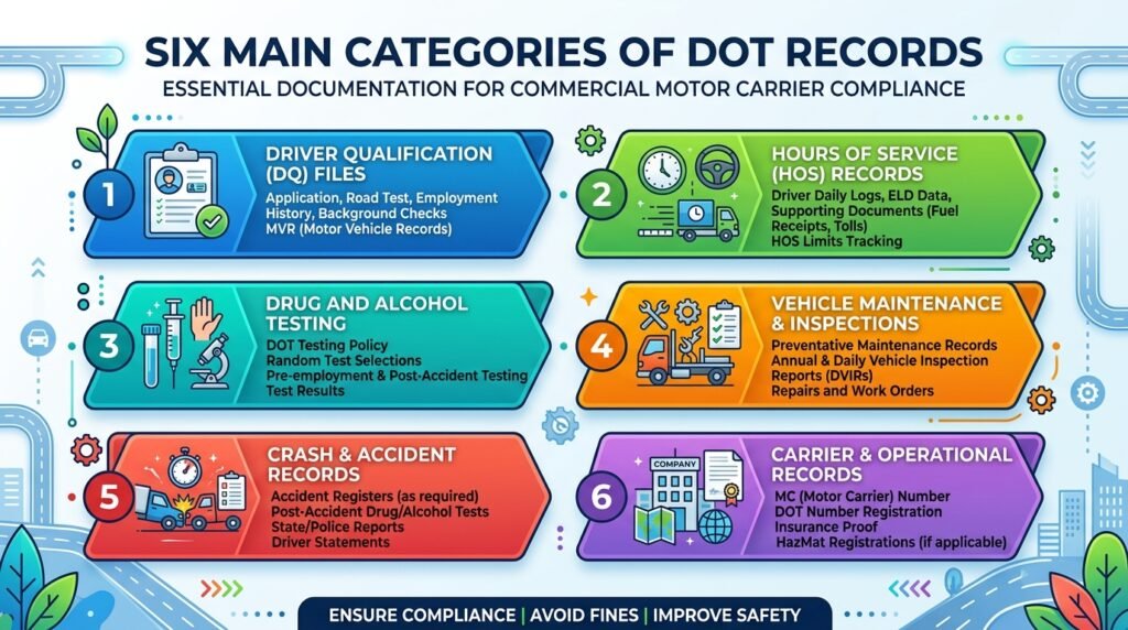 DOT recordkeeping categories for trucking companies including driver files and vehicle records