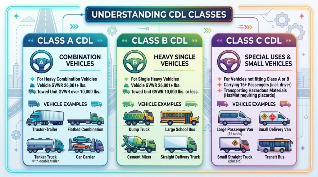Types of CDL license classes A B and C with vehicle examples