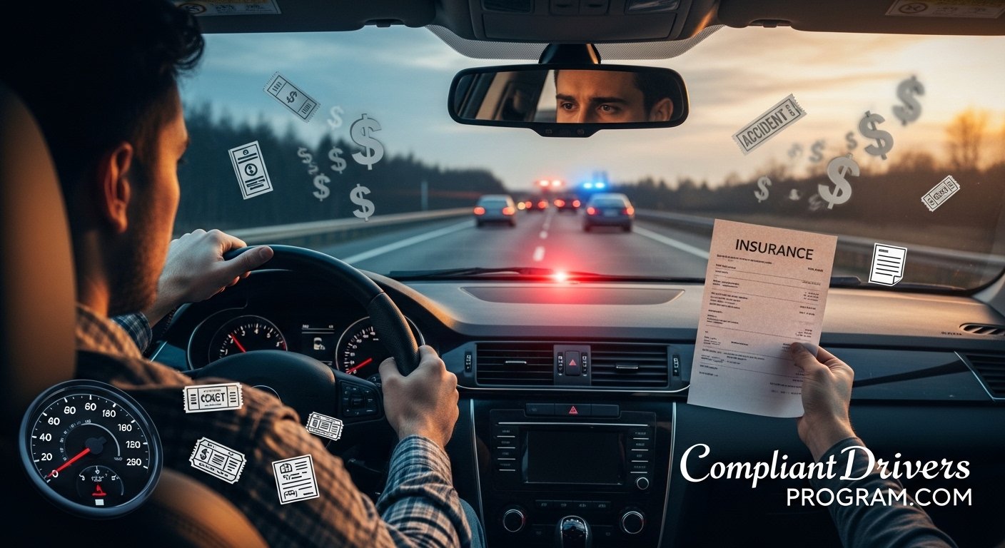 Worried driver reviewing high insurance rates due to bad driving record with tickets and accidents