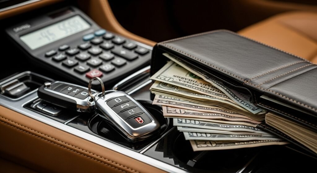 Wallet full of cash next to car keys representing insurance savings