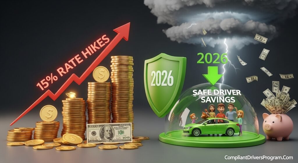 Visual showing 2026 insurance rate increases blocked by safe driver discount savings shield protecting family car