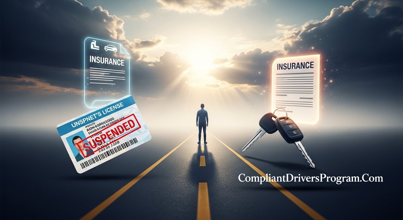 Person at crossroads between suspended license and insurance reinstatement path with dramatic lighting representing hope for drivers in 2026