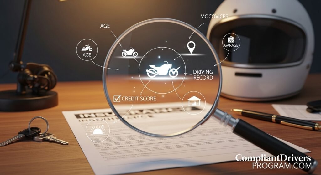 Magnifying glass examining motorcycle insurance rate factors including age, bike type, location, driving record, and credit score - CompliantDriversProgram.Com