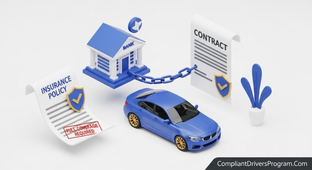 Financed car with bank loan requires full coverage car insurance showing contract and lender requirements