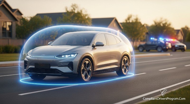 Modern car protected by liability insurance shield with accident scene in background showing importance of auto coverage in 2026