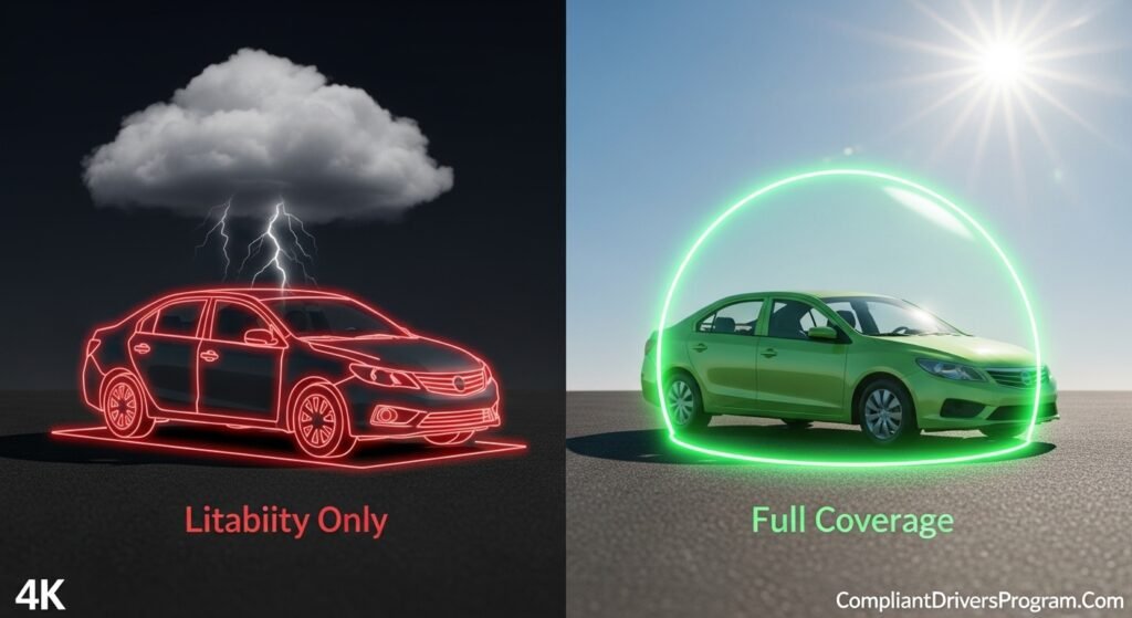 Side by side comparison showing car with liability only coverage vulnerable versus car with full coverage protection safe
