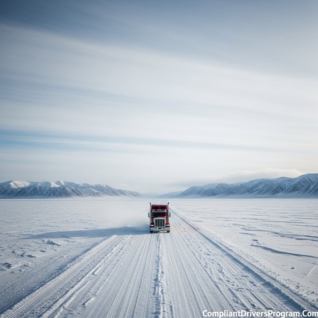 Single semi truck driving on a remote straight ice road through vast empty frozen tundra toward distant snow mountains