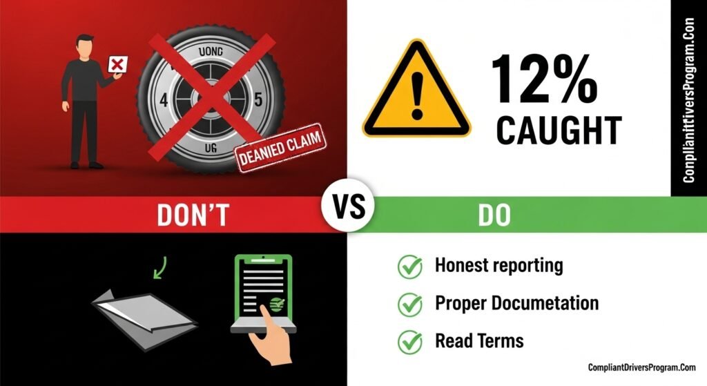 Warning infographic showing common mistakes and pitfalls to avoid when claiming low mileage insurance discount