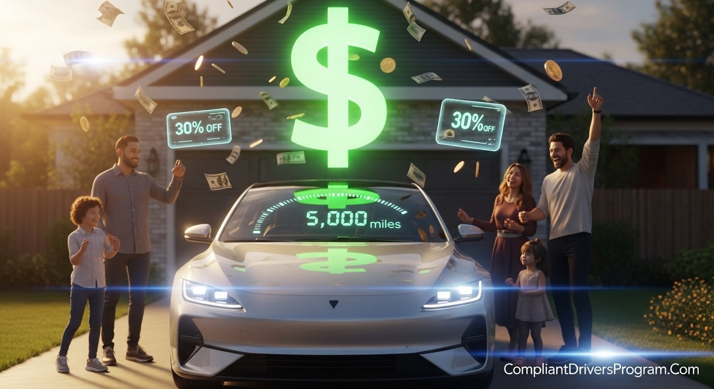 Car parked in driveway with floating money showing low mileage discount savings on auto insurance in 2026