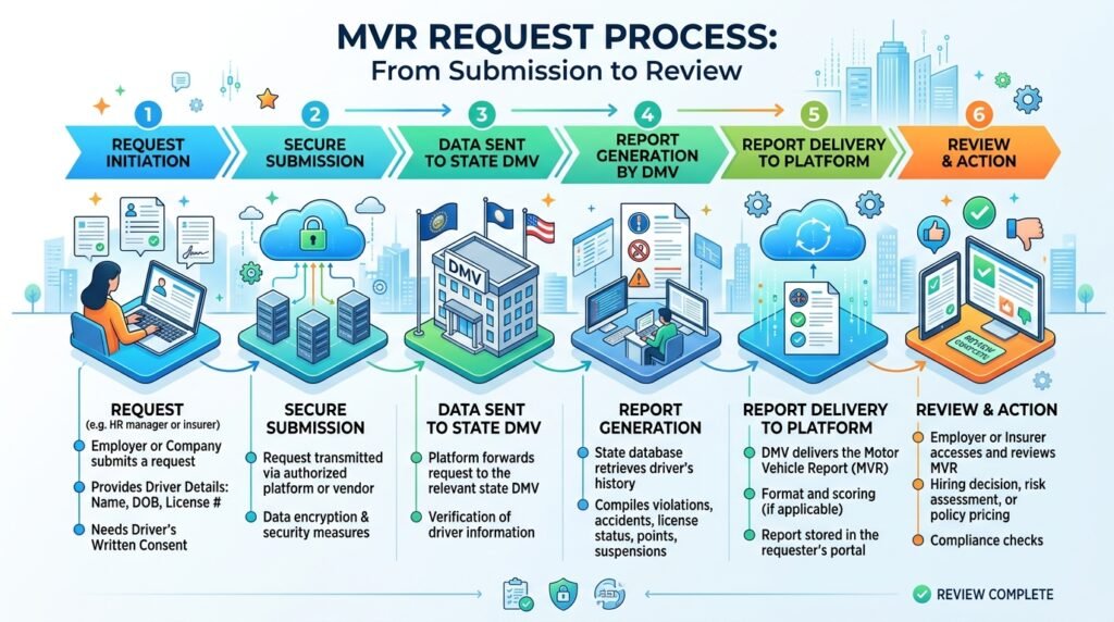 Steps to complete an MVR check for CDL drivers from request to employer review