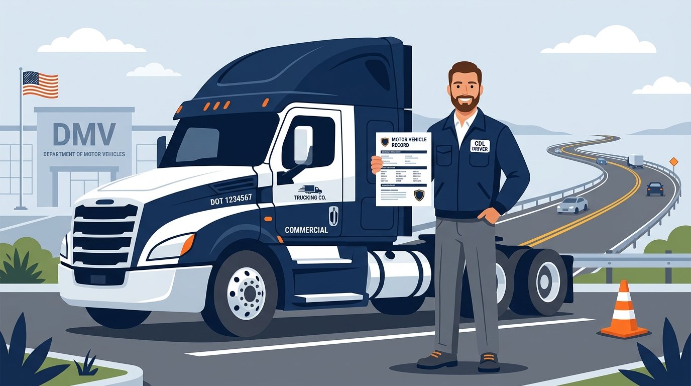 CDL truck driver reviewing an MVR record document with a semi-truck and highway in the background